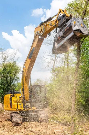 Tree service worker cutting tree